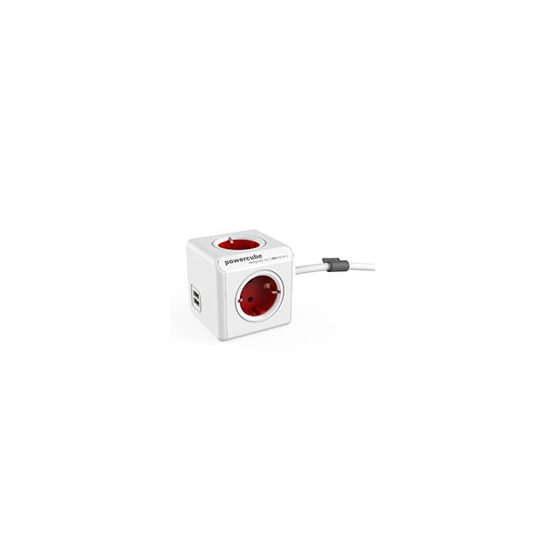 PowerCube extended  dobbelt USB - 4 udtag 1,5 meter ledning - Rd